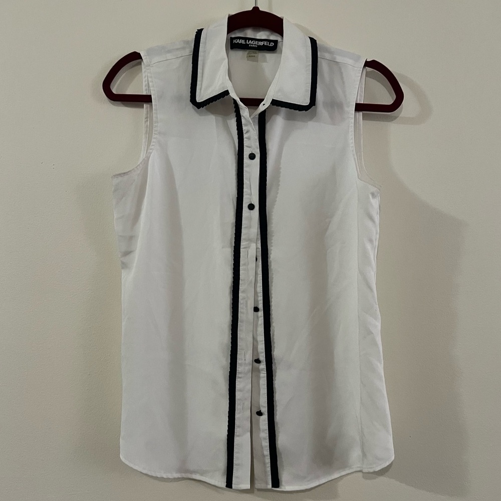 Karl Lagerfeld White Sleeveless Blouse with Black Trim